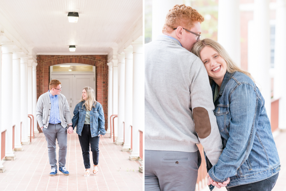 engaged couple walking on college campus portrait