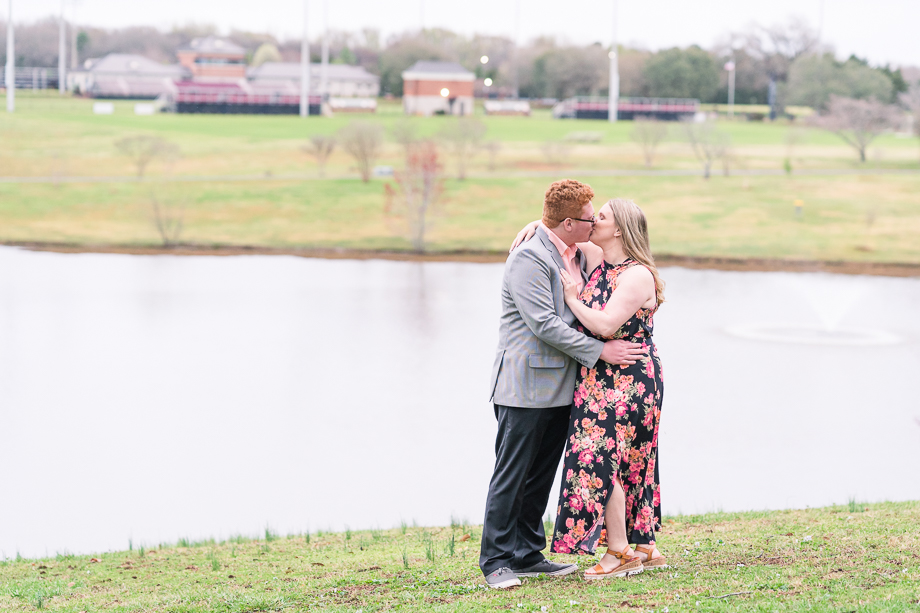 couple laughs for engagement photography winthrop university lake