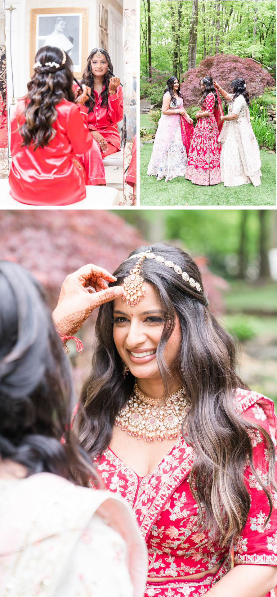 indian bride getting ready in red dress for indian wedding ceremony in greenville sc