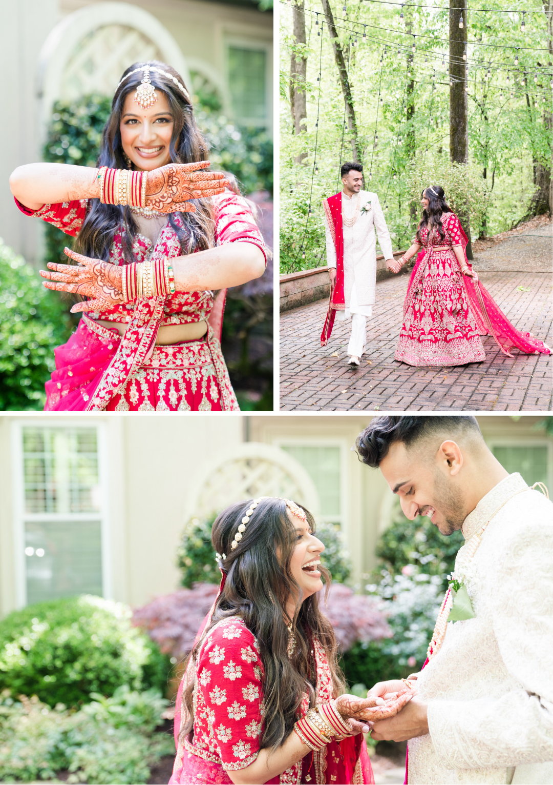 Indian bride showing ceremonial henna on her hands before her ceremony with groom. groom searches to find his name in bride's henna 