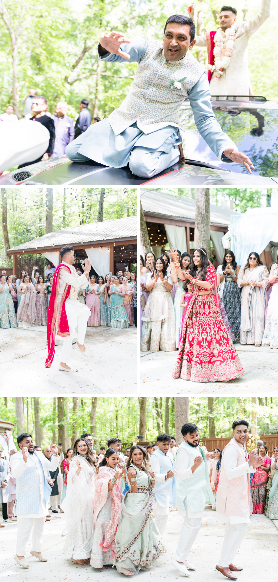 Indian wedding weekend - groom's arrival baraat , bride and groom dancing, guests dancing