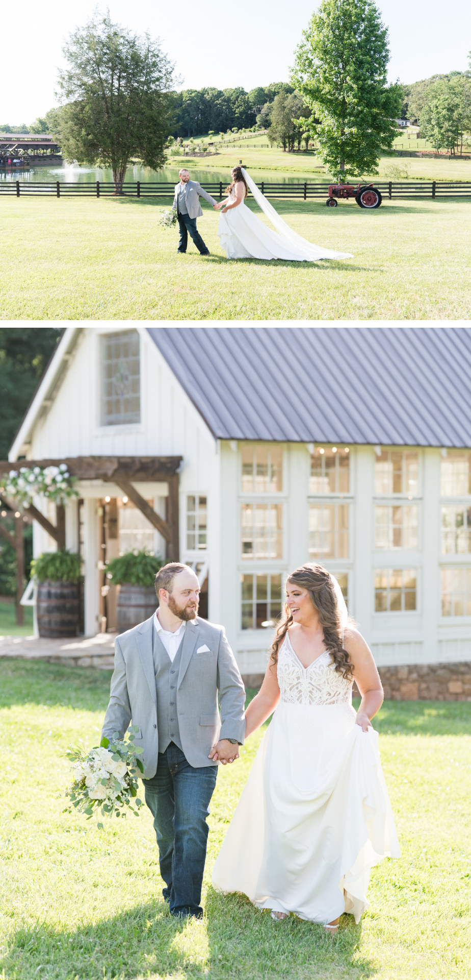 bride and groom walking at lacee meadows