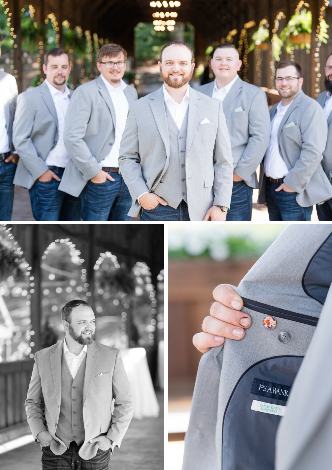 groom has special pin of picture of grandfather inside his jacket for wedding day