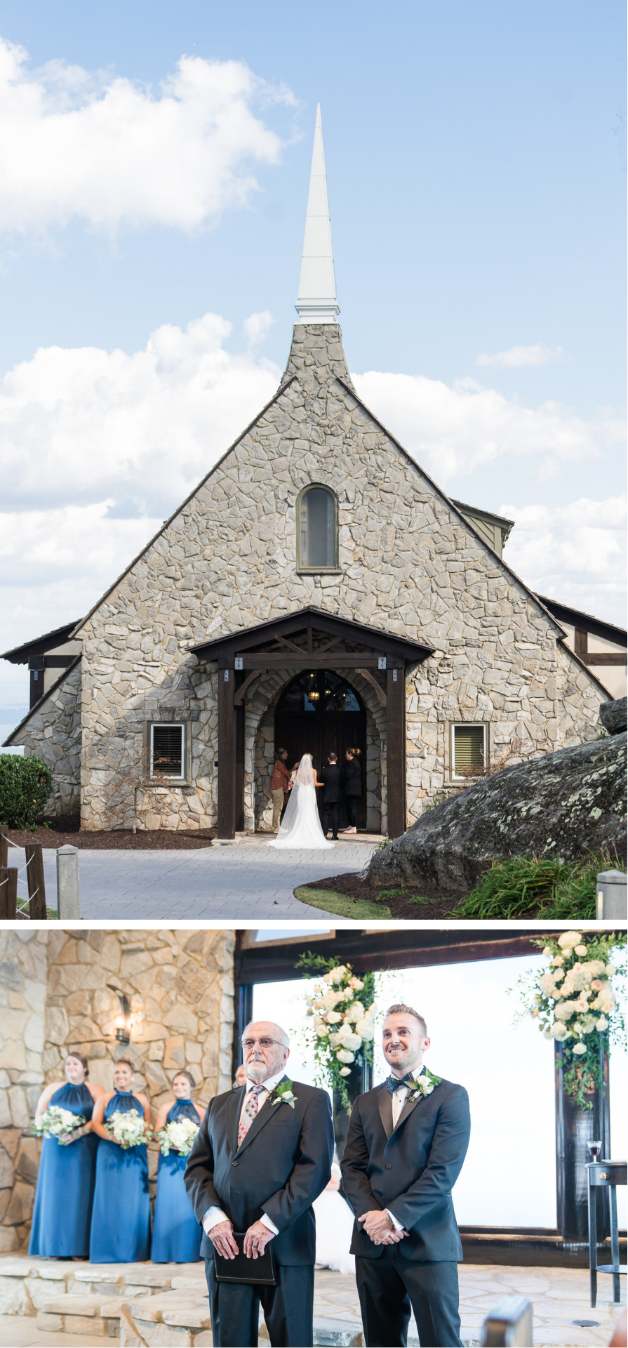 The bride about to enter the cliffs of glassy chapel with her father