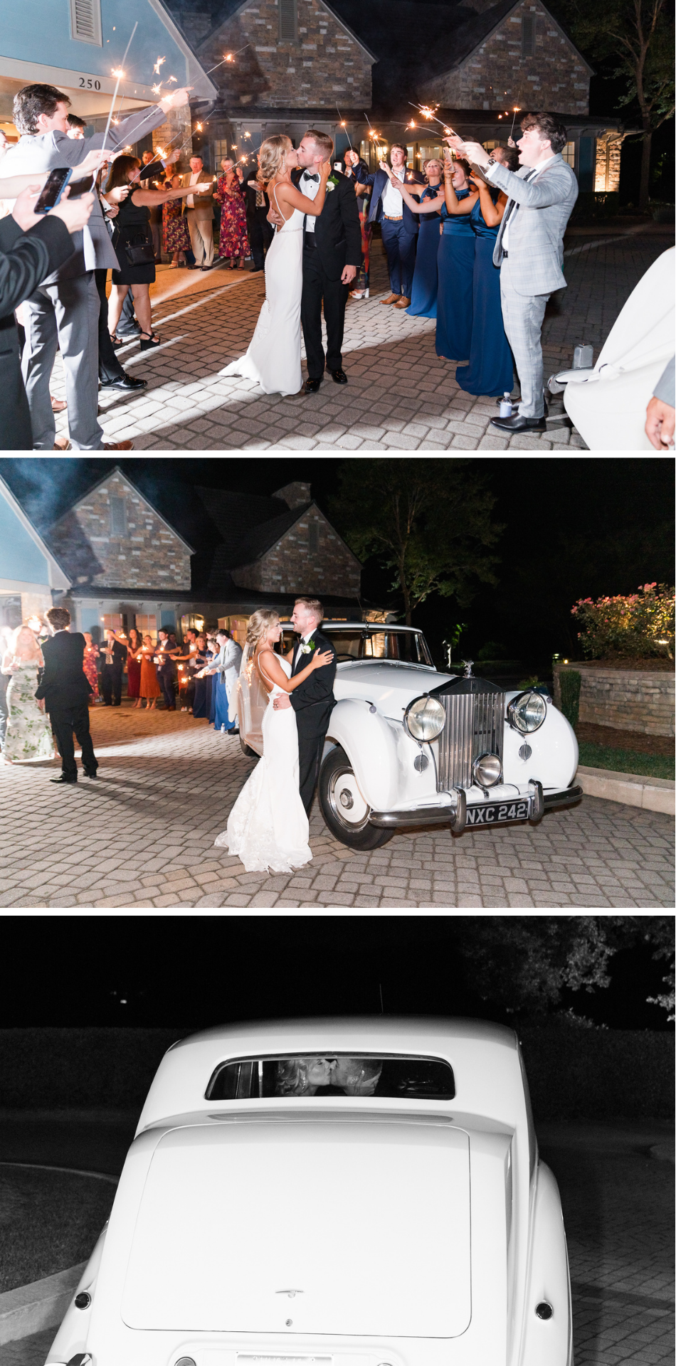 the couple exiting the cliffs of glassy clubhouse after their reception