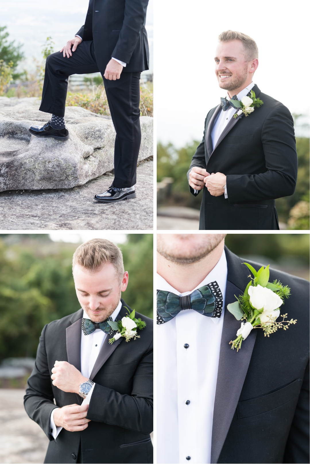 the grooms details outside the cliffs of glassy chapel