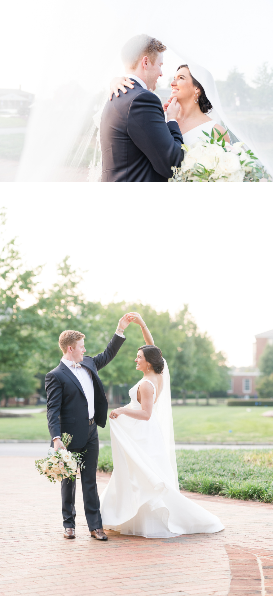 couple's portraits on the grounds of Furman University