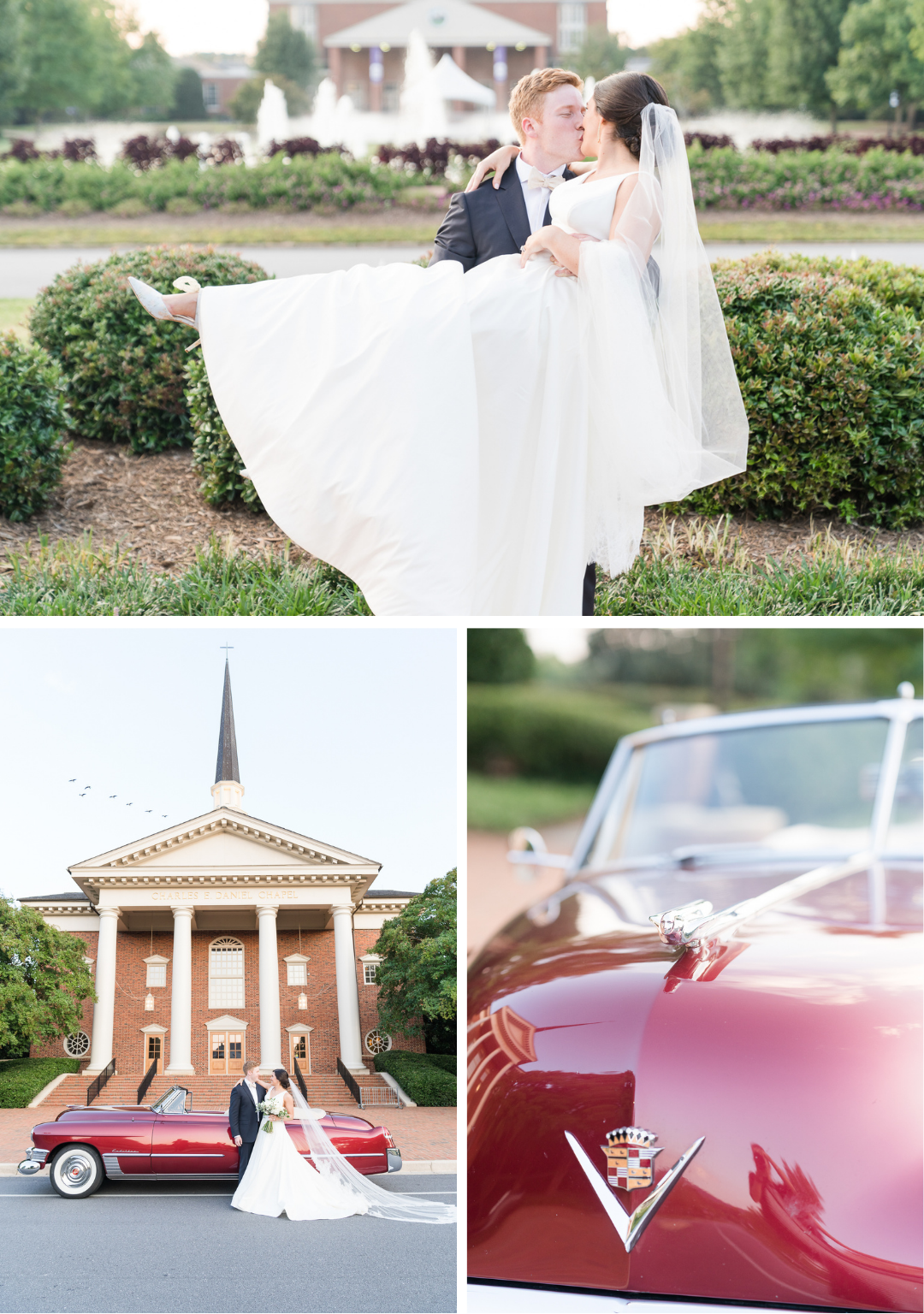 couple's pictures with Cadillac convertible outside Daniel Chapel