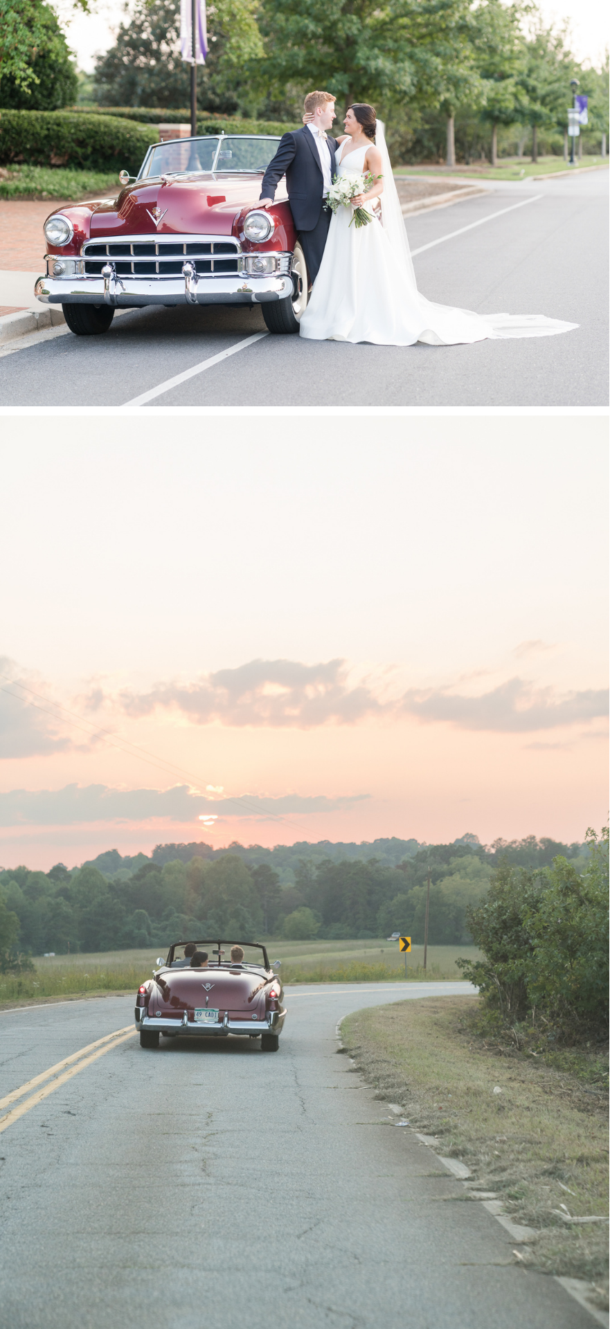 couple driving away in the '49 Cadillac convertible