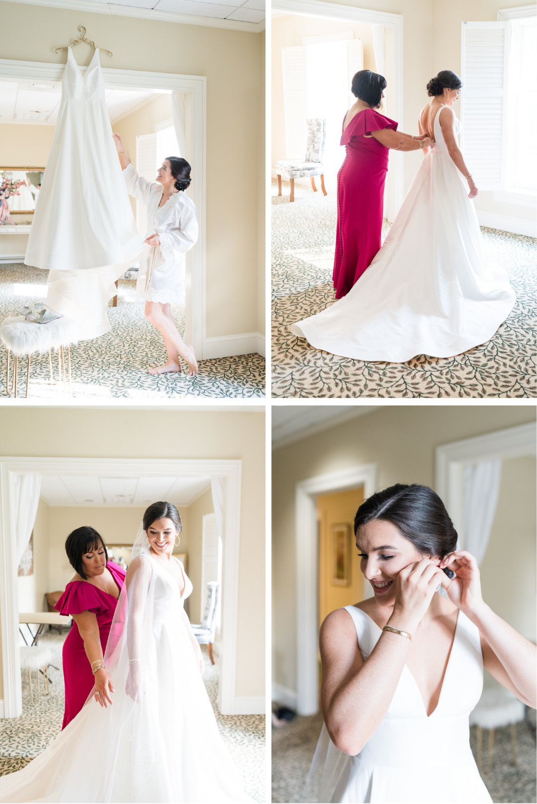 bride and her mother getting her ready before the chapel ceremony