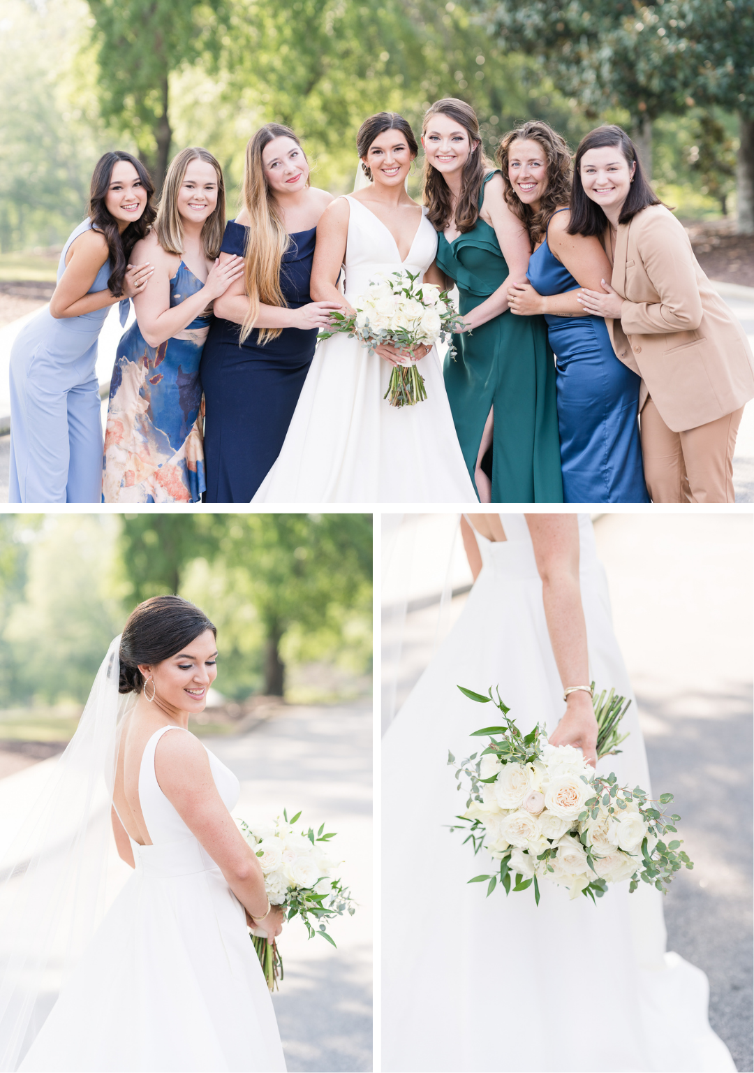 bride with her bridesmaids on the chapel and club house wedding day