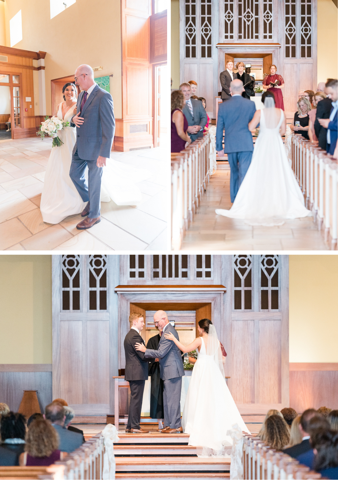 Bride walking in and being given away by her dad at Daniel Chapel