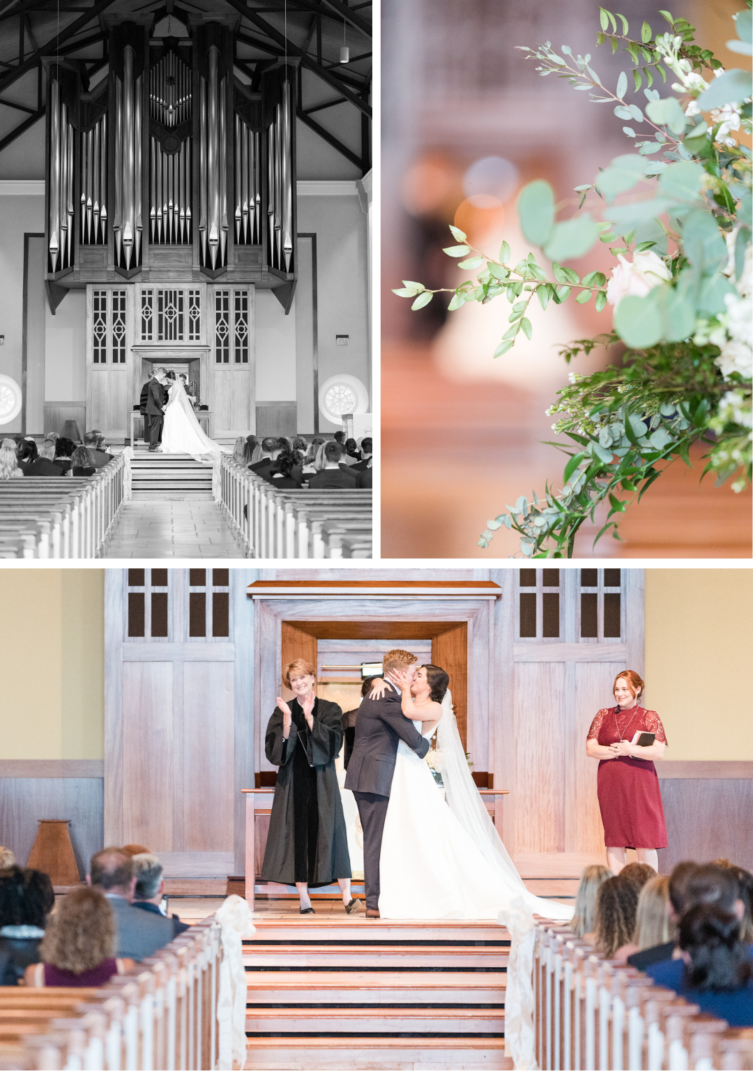 ceremony and first kiss at Furman University's Daniel Chapel