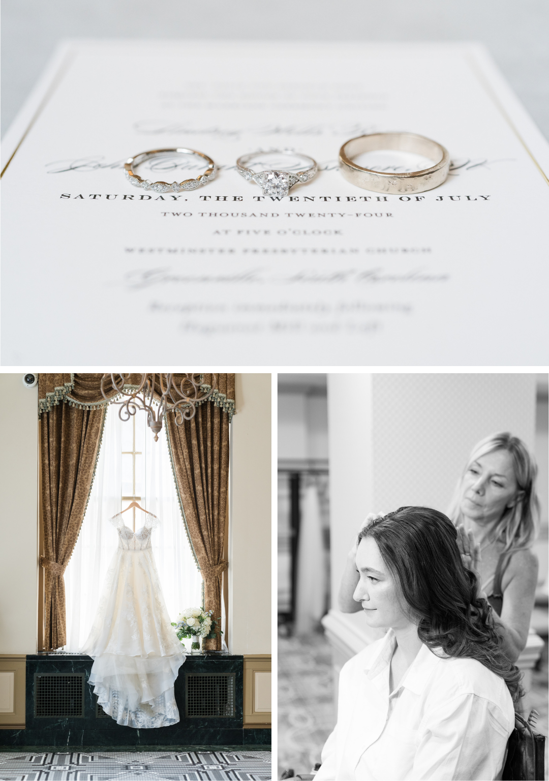 wedding dress, rings on invitation, and getting ready