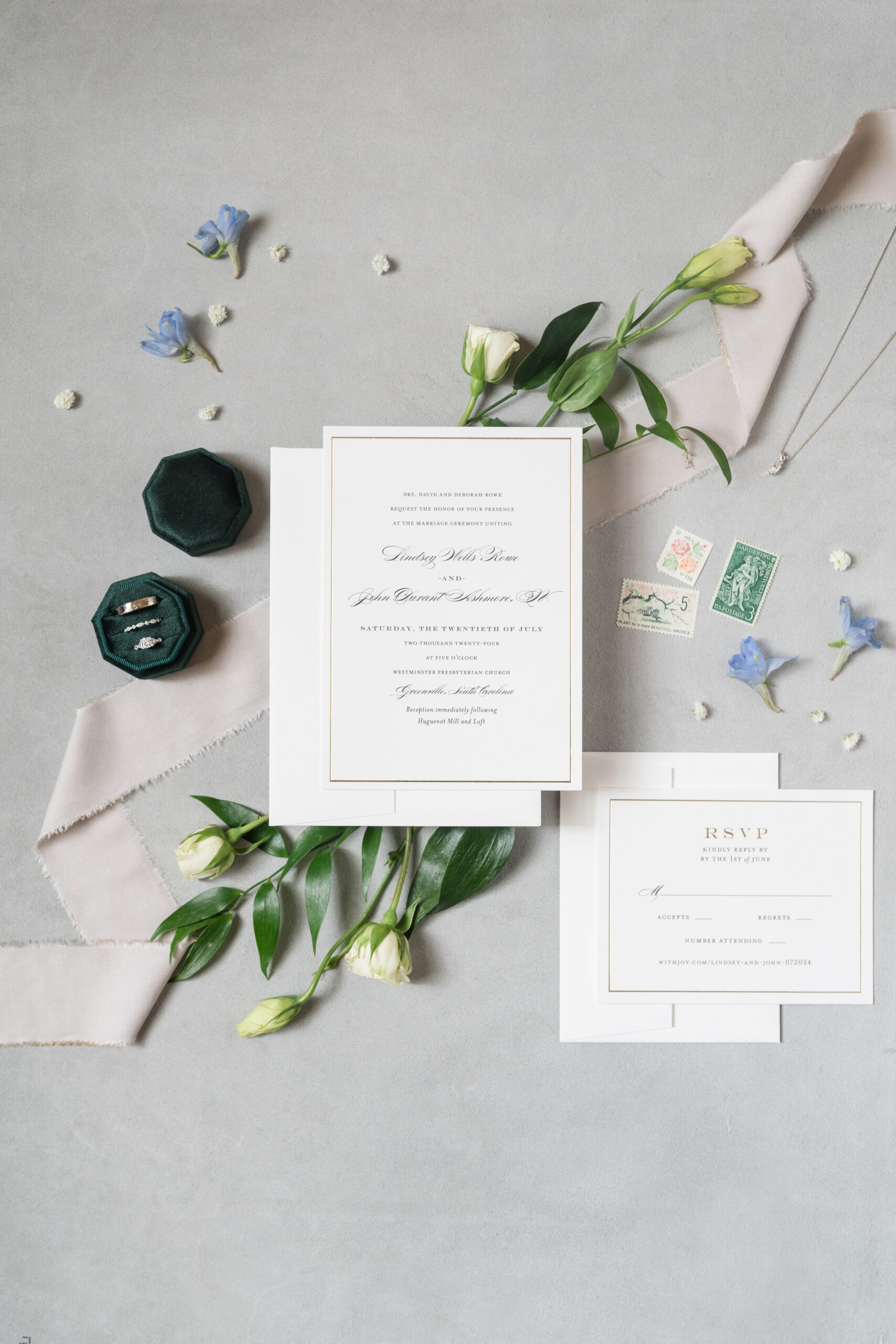 Huguenot Loft Greenville Wedding invitation and flowers