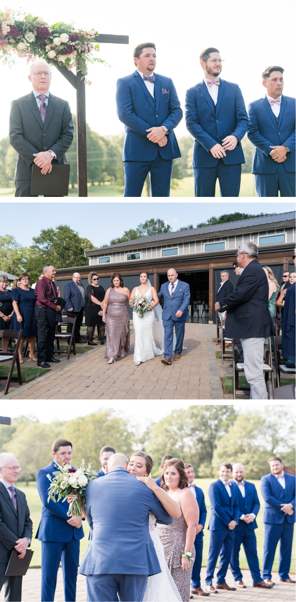 groom awaiting his groom, bride walking down the aisle at sitton hill barn